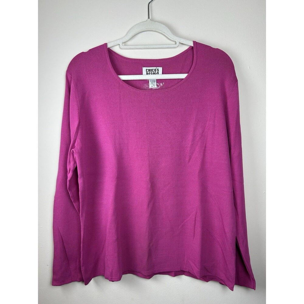 Chico's Design Vintage 90s L Pink Solid Knit Sweater Scoop Neck Long Sleeve Sz 3